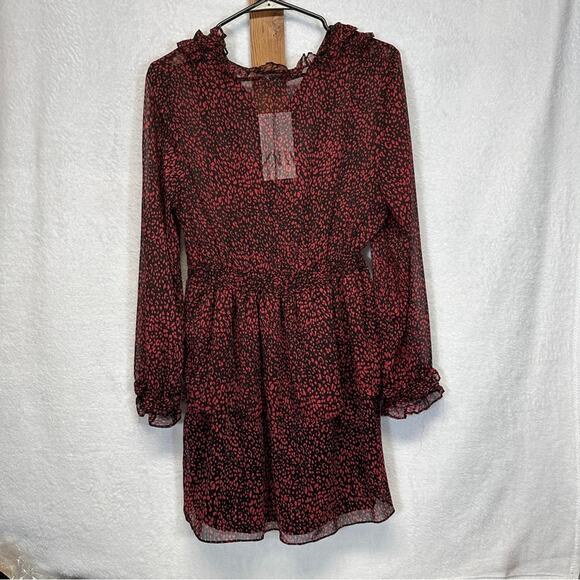Zara Red & Black Cheetah‎ Print Long Sleeve Ruffled Mini Dress Size L - Picture 4 of 10